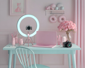 Pastel Desk Setup for Female Livestreamers and Small Business Creators