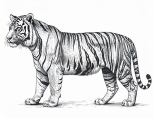 Fototapeta premium Detailed Pencil Engraving of a Bengal Tiger: Vintage Hand-Drawn Wildlife Illustration