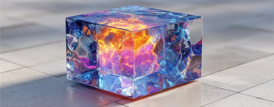futuristic glowing cube with energy core, glowing cube with vibrant energy center, 3D sci-fi glowing cube with cosmic light