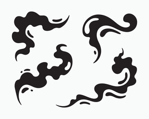 Obraz premium Four stylized black smoke or ink swirls on a white background in a simple graphic illustration style