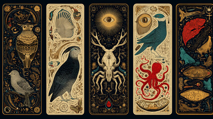 Artistic card template presented flat from top view with eclectic collage design blending antique prints, hand-drawn graffiti, featuring whimsical flora-fauna-mineral elements and dynamic human 