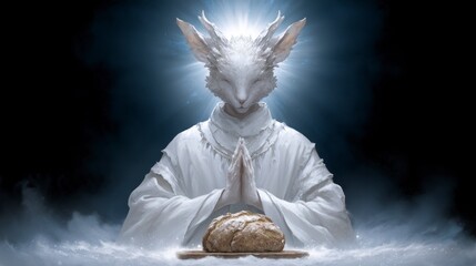 White anthropomorphic rabbit in prayerful pose with halo and loaf of bread