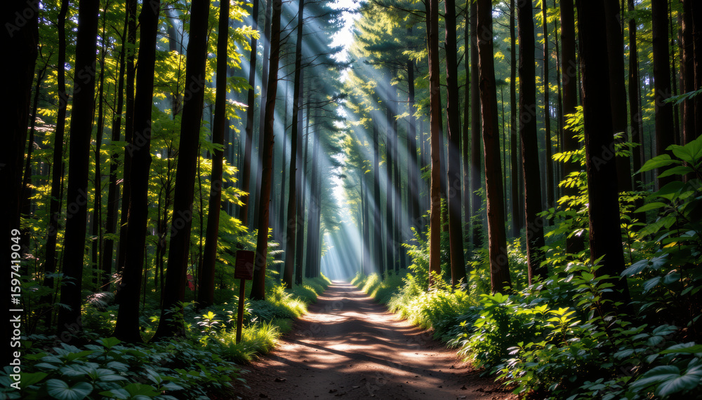 Poster serene forest path illuminated by sunlight filtering through tall trees creates tranquil atmosphere.