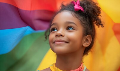 Happy young African American girl wearing a pride rainbow flag, looking up into the sky. Black queer child celebrating gay pride parade. Inclusion and diversity in children. Copy space, Generative AI