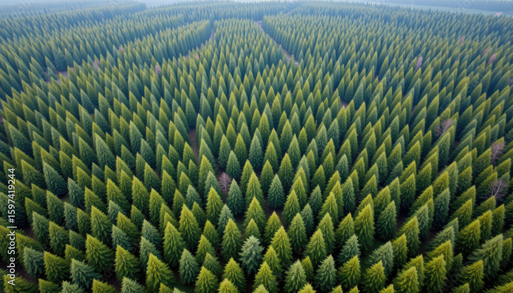 Poster aerial view of dense forest filled with evergreen trees, showcasing vibrant green landscape. uniform