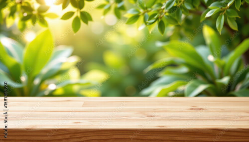 Poster serene wooden table is set against backdrop of lush green foliage, illuminated by soft sunlight filt