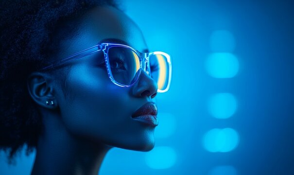 AI cybersecurity threat illustration, Black African American female IT specialist analyzing data, information technology, augmented reality, artificial intelligence blue. Side profile, Generative AI - Powered by Adobe