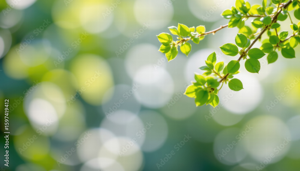 Poster fresh green leaves gently sway on branch, creating serene atmosphere with soft bokeh background. vib