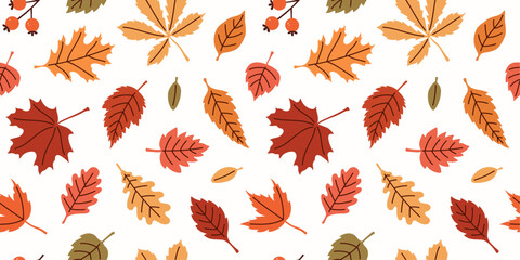 Seamless autumn pattern with leaves and berries