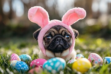 Pug dog dressed in an Easter bunny costume with bunny ears in a garden with Easter eggs, Generative AI