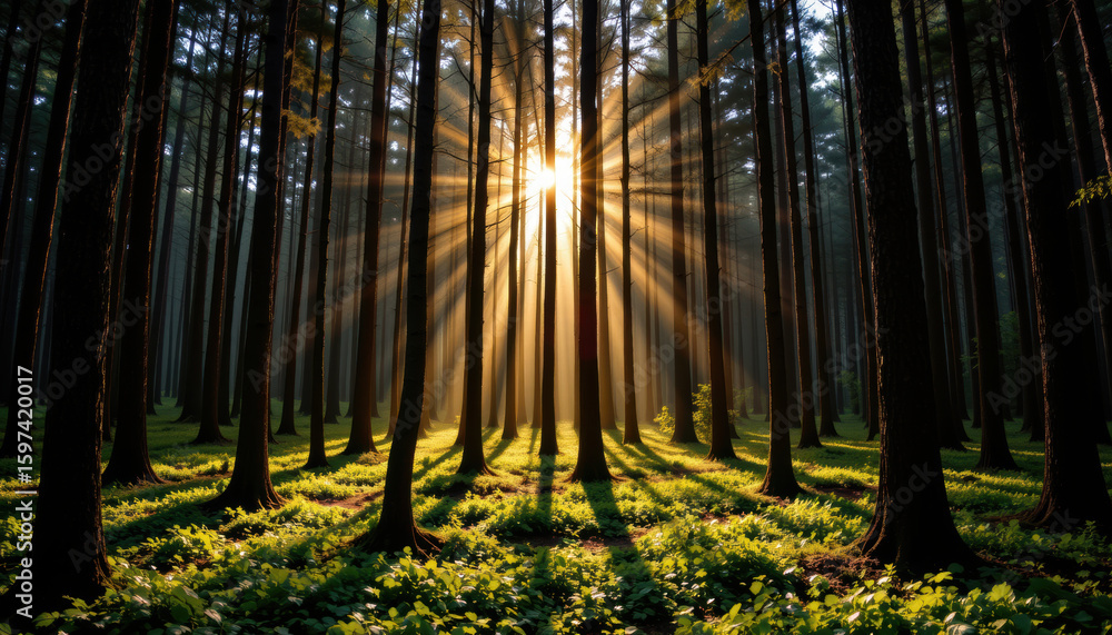 Poster serene forest scene with tall trees, sunlight streaming through branches, creating beautiful interpl