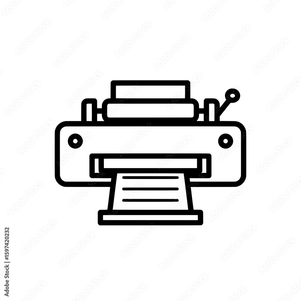 Poster outline of a vintage printing machine with paper feed and controls