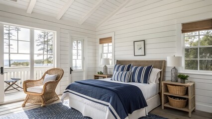 Fototapeta premium Coastal Bedroom with White Shiplap Walls and Blue Accents
