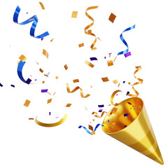3D render of a party popper with colorful confetti, perfect for celebration banner decoration