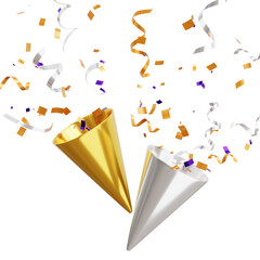 3D render of a party popper with colorful confetti, perfect for celebration banner decoration
