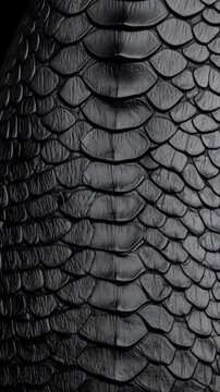 Close-up on a textured black snakeskin pattern creating an abstract background perfect for luxury fashion, reptile, or nature concepts.