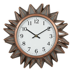 Decorative wall clock with a sunburst design, showcasing time in a bright room setting