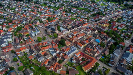 Aerial view around the old town in the city Kuppenheim on an sunny spring day	