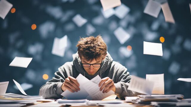 Young man in gray hoodie, surrounded by flying papers, is focused on organizing documents on a cluttered desk, illustrating the chaos of paperwork and the challenge of managing tasks effectively