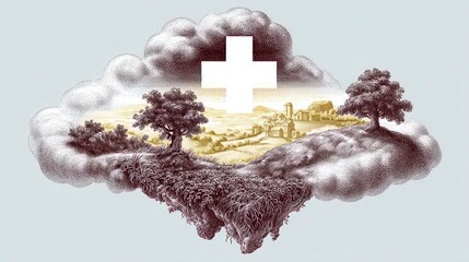 Surreal floating islands with trees and a village beneath a prominent cross symbol