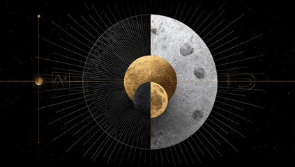 Celestial graphic, divided moon, golden rays