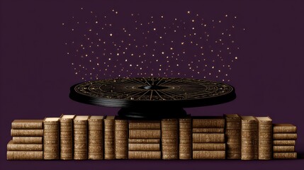 Antique books stacked with a golden astrological zodiac wheel and scattered stars against a purple background