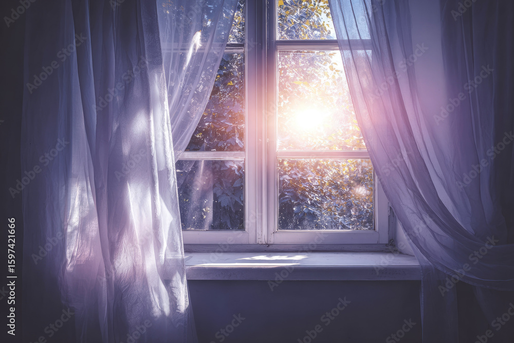 Aufkleber soft morning sunlight shines through open window with sheer white curtain floating gently, creating 