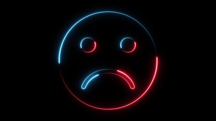 Neon Sad Face Icon Glowing Red Blue Abstract Background Emotion Symbol Dark Minimalist Digital Art Expressing - Powered by Adobe