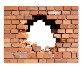 Hole in broken brown brick wall