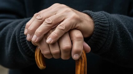 Elderly man's hands resting on walking cane, showing support and wisdom, aged and gentle expression. - Powered by Adobe