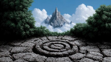 Stone labyrinth path leads to majestic castle on misty mountain peak under blue sky
