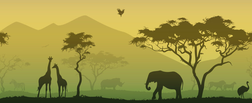 horizontal seamless background with africa nature. All animals and trees are isolated - you can clean and move them. vector illustration