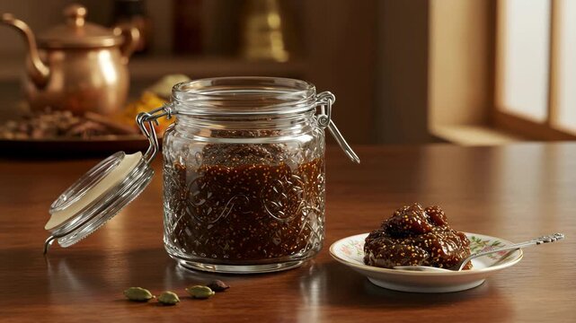 Chyawanprash in jar and on plate, Indian traditional healthy jam on kitchen background.