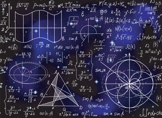 Scientific vector endless seamless pattern with math and physics formulas and calculations handwritten on the space background of stars