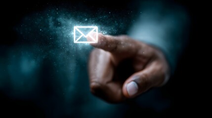 Finger tapping holographic email icon with lighting effects