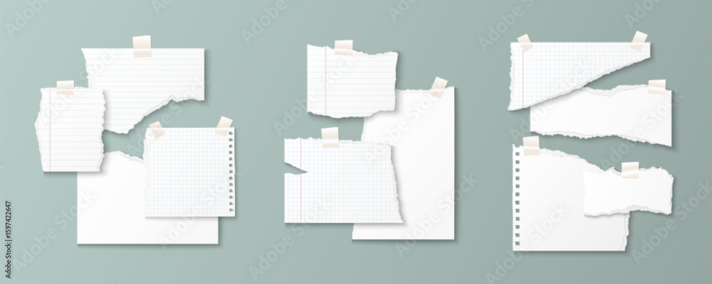 Aufkleber torn paper realistic scrapbook elements - white ripped notebook sheet with tape, grid page and jagge