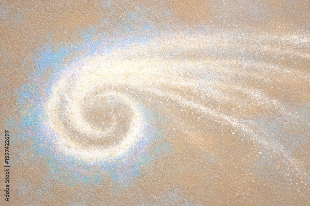 Poster spiral path of light with iridescent glow on beige textured surface, abstract pattern with soft past