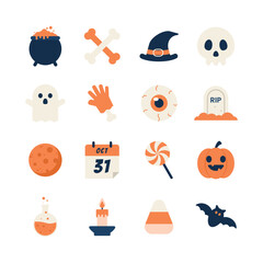 Cute Halloween Icon Set in Flat Style – Vector Pack of Pumpkin, Ghost, Candy, Witch Hat, Bat, Skull and Spooky Decorations