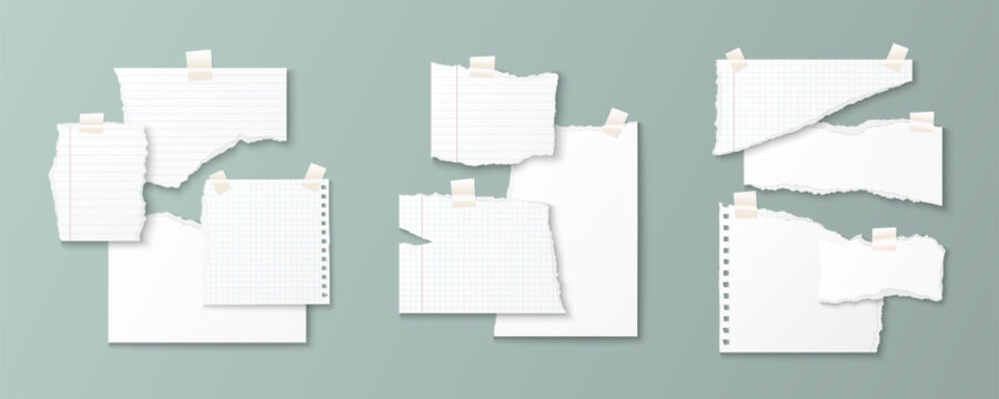 Torn paper realistic scrapbook elements - white ripped notebook sheet with tape, grid page and jagged edges. Blank memo scraps attached with adhesive tape for journaling, collage or memory book layout