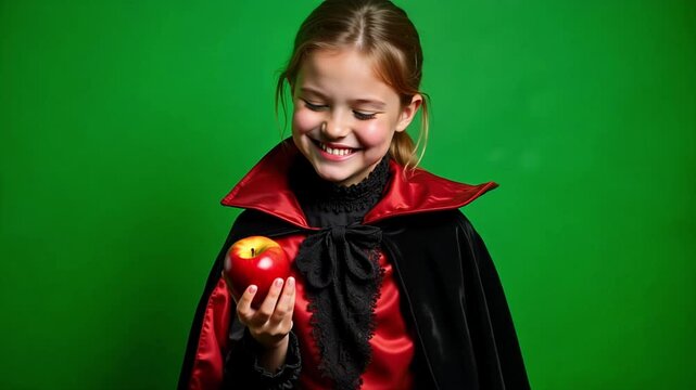 Tween Girl Dressed as Vampire Pretending to Bite Red Apple &mdash; Halloween Costume Fun on Green Screen 4K Video