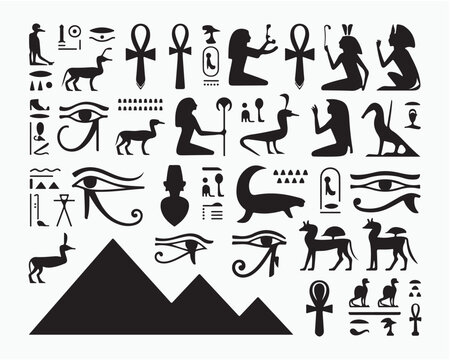 A collection of black and white egyptian hieroglyphs featuring pyramids, animals, and ankh symbols