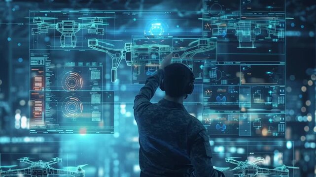 Futuristic Drone Control Center: An individual is immersed in controlling drones, within a cutting-edge command center environment, highlighted by advanced technology and real-time data