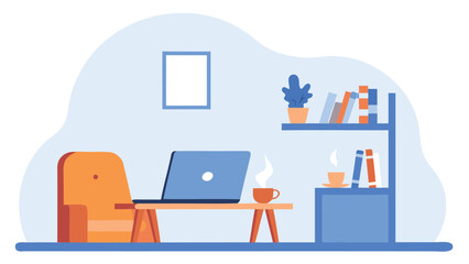 Fototapeta premium A cozy workspace featuring a laptop on a table chair and a bookshelf in a light blue room setting