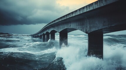A concrete bridge withstands powerful waves in a stormy sea.