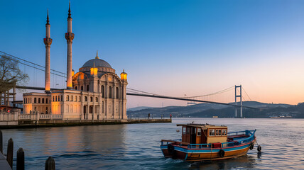 Naklejka premium Ortak y Mosque and Bosphorus Bridge at Sunset in Istanbul Turkey