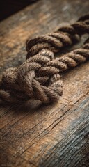 Fototapeta premium Close-up of a complex knot in thick brown rope resting on a weathered wooden plank