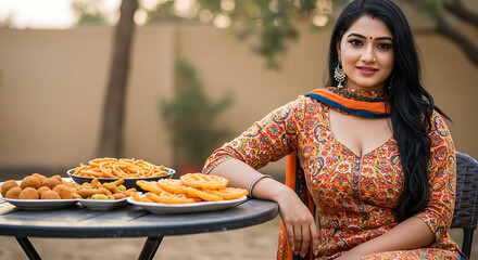 A beautiful Indian woman in traditional attire with an orange dupatta smiles gently at the camera while sitting at an outdoor table. Plates of traditional Indian snacks like jalebi and
