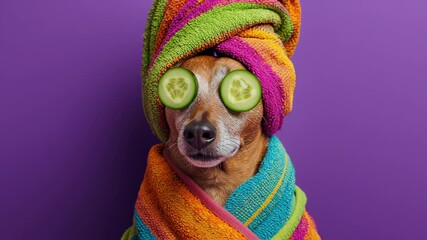 Dog wrapped in colorful towels with cucumber slices on eyes, relaxing in a spa-like atmosphere, showcasing a playful and humorous take on pet pampering and self-care routines