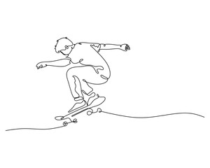 Young skateboarder mid-air performing trick, drawn with one continuous line for modern art feel.