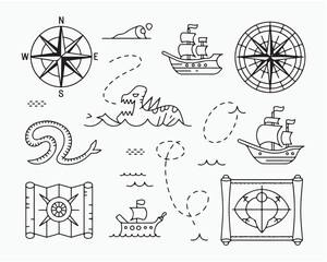 A collection of nautical themed line drawings including ships compasses and a sea monster illustration